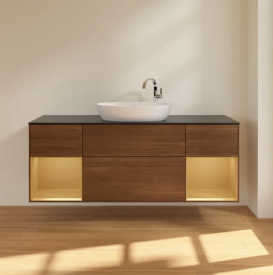 Тумба под раковину Villeroy & Boch Finion 160х50,1 см с подсветкой МДФ шпон грецкого ореха/стекло черное матовое F982HFGN