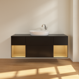 Тумба под раковину Villeroy & Boch Finion 160х50,1 см с подсветкой МДФ черный матовый лак/стекло черное матовое F982HFPD