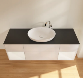 Тумба под раковину Villeroy & Boch Finion 160х50,1 см с подсветкой МДФ глянцевый белый лак/стекло черное матовое F982MTGF