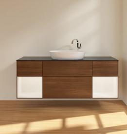 Тумба под раковину Villeroy & Boch Finion 160х50,1 см с подсветкой МДФ шпон грецкого ореха/стекло черное матовое F982MTGN