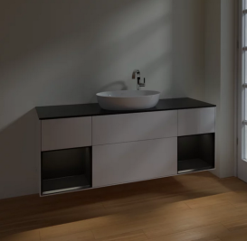 Тумба под раковину Villeroy & Boch Finion 160х50,1 см с подсветкой МДФ глянцевый белый лак/стекло черное матовое F982PDGF