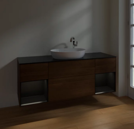 Тумба под раковину Villeroy & Boch Finion 160х50,1 см с подсветкой МДФ шпон грецкого ореха/стекло черное матовое F982PDGN