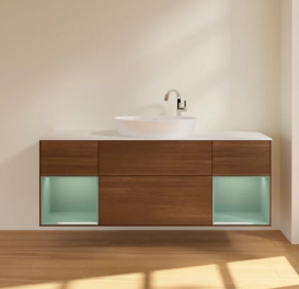 Тумба под раковину Villeroy & Boch Finion 160х50,1 см с подсветкой МДФ шпон грецкого ореха/стекло белое матовое F981GMGN