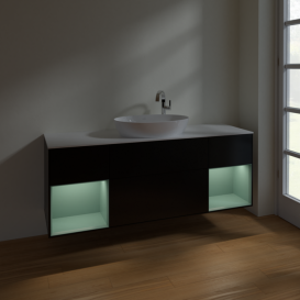 Тумба под раковину Villeroy & Boch Finion 160х50,1 см с подсветкой МДФ черный матовый лак/стекло белое матовое F981GMPD