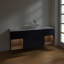 Тумба под раковину Villeroy & Boch Finion 160х50,1 см с подсветкой МДФ темно-синий матовый лак/стекло белое матовое F981GNHG