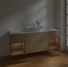 Тумба под раковину Villeroy & Boch Finion 160х50,1 см с подсветкой МДФ шпон дуба/стекло белое матовое F981GNPC