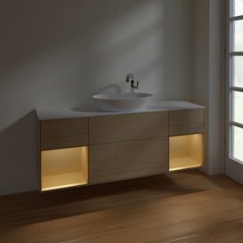 Тумба под раковину Villeroy & Boch Finion 160х50,1 см с подсветкой МДФ шпон дуба/стекло белое матовое F981HFPC