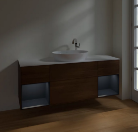 Тумба под раковину Villeroy & Boch Finion 160х50,1 см с подсветкой МДФ шпон грецкого ореха/стекло белое матовое F981HGGN