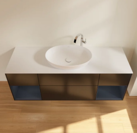 Тумба под раковину Villeroy & Boch Finion 160х50,1 см с подсветкой МДФ черный матовый лак/стекло белое матовое F981HGPD