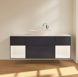 Тумба под раковину Villeroy & Boch Finion 160х50,1 см с подсветкой МДФ темно-синий матовый лак/стекло белое матовое F981MTHG