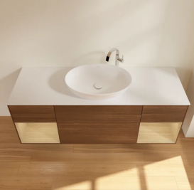 Тумба под раковину Villeroy & Boch Finion 160х50,1 см с подсветкой МДФ шпон грецкого ореха/стекло белое матовое F981PCGN