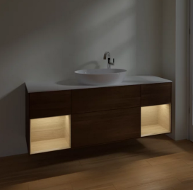 Тумба под раковину Villeroy & Boch Finion 160х50,1 см с подсветкой МДФ шпон грецкого ореха/стекло белое матовое F981PCGN