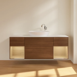 Тумба под раковину Villeroy & Boch Finion 160х50,1 см с подсветкой МДФ шпон грецкого ореха/стекло белое матовое F981PCGN