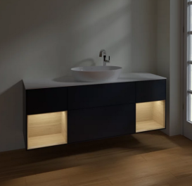 Тумба під раковину Villeroy & Boch Finion 160х50,1 см із підсвічуванням МДФ темно-синій матовий лак/скло біле матове F981PCHG