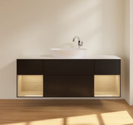 Тумба под раковину Villeroy & Boch Finion 160х50,1 см с подсветкой МДФ черный матовый лак/стекло белое матовое F981PCPD