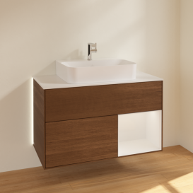 Тумба под раковину Villeroy & Boch Finion 100х50,1 см с подсветкой МДФ шпон грецкого ореха/белый глянцевый лак/стекло белое матовое G121GFGN