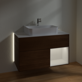 Тумба под раковину Villeroy & Boch Finion 100х50,1 см с подсветкой МДФ шпон грецкого ореха/белый глянцевый лак/стекло белое матовое G121GFGN