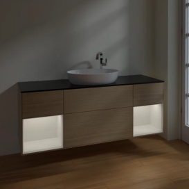 Тумба под раковину Villeroy & Boch Finion 160х50,1 см с подсветкой МДФ шпон дуба/стекло черное матовое F982GFPC