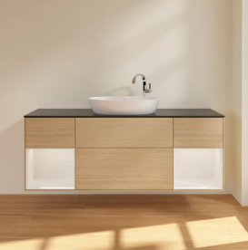 Тумба под раковину Villeroy & Boch Finion 160х50,1 см с подсветкой МДФ шпон дуба/стекло черное матовое F982GFPC