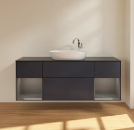 Тумба під раковину Villeroy & Boch Finion 160х50,1 см із підсвічуванням МДФ темно-синій матовий лак/скло чорне матове F982GKHG