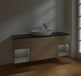 Тумба под раковину Villeroy & Boch Finion 160х50,1 см с подсветкой МДФ шпон дуба/стекло черное матовое F982GKPC