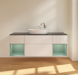 Тумба под раковину Villeroy & Boch Finion 160х50,1 см с подсветкой МДФ глянцевый белый лак/стекло черное матовое F982GMGF