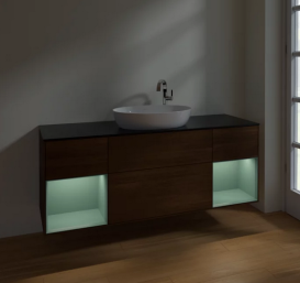 Тумба под раковину Villeroy & Boch Finion 160х50,1 см с подсветкой МДФ шпон грецкого ореха/стекло черное матовое F982GMGN