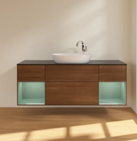 Тумба под раковину Villeroy & Boch Finion 160х50,1 см с подсветкой МДФ шпон грецкого ореха/стекло черное матовое F982GMGN