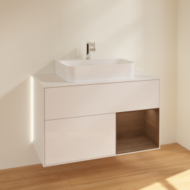 Тумба під раковину Villeroy & Boch Finion 100х50,1 см з підсвічуванням МДФ білий глянсовий лак/шпон волоського горіха/скло біле матове G121GNGF