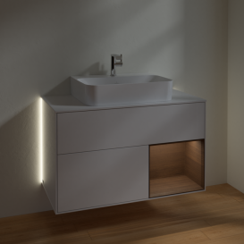 Тумба под раковину Villeroy & Boch Finion 100х50,1 см с подсветкой МДФ белый глянцевый лак/шпон грецкого ореха/стекло белое матовое G121GNGF