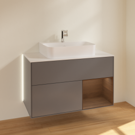 Тумба под раковину Villeroy & Boch Finion 100х50,1 см с подсветкой МДФ антрацитовый матовый лак/шпон грецкого ореха/стекло белое матовое G121GNGK