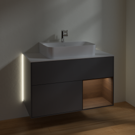 Тумба под раковину Villeroy & Boch Finion 100х50,1 см с подсветкой МДФ антрацитовый матовый лак/шпон грецкого ореха/стекло белое матовое G121GNGK