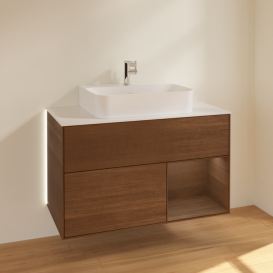 Тумба под раковину Villeroy & Boch Finion 100х50,1 см с подсветкой МДФ шпон грецкого ореха/шпон грецкого ореха/стекло белое матовое G121GNGN