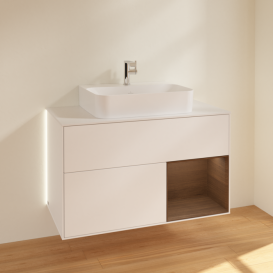 Тумба під раковину Villeroy & Boch Finion 100х50,1 см з підсвічуванням МДФ білий матовий лак/шпон волоського горіха/скло біле матовеG121GNMT