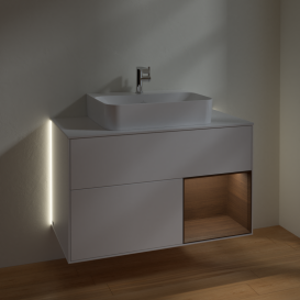 Тумба під раковину Villeroy & Boch Finion 100х50,1 см з підсвічуванням МДФ білий матовий лак/шпон волоського горіха/скло біле матовеG121GNMT