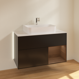 Тумба під раковину Villeroy & Boch Finion 100х50,1 см з підсвічуванням МДФ чоринй матовий лак/шпон волоського горіха/скло біле матове G121GNPD