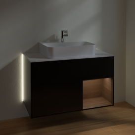 Тумба під раковину Villeroy & Boch Finion 100х50,1 см з підсвічуванням МДФ чоринй матовий лак/шпон волоського горіха/скло біле матове G121GNPD