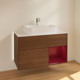 Тумба под раковину Villeroy & Boch Finion 100х50,1 см с подсветкой МДФ шпон грецкого ореха/пион матовый/стекло белое матовое G121HBGN