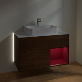 Тумба под раковину Villeroy & Boch Finion 100х50,1 см с подсветкой МДФ шпон грецкого ореха/пион матовый/стекло белое матовое G121HBGN