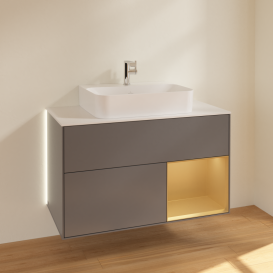 Тумба под раковину Villeroy & Boch Finion 100х50,1 см с подсветкой МДФ антрацитовый матовый лак/золотисто-матовый лак/стекло белое матовое G121HFGK