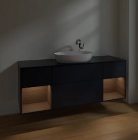 Тумба под раковину Villeroy & Boch Finion 160х50,1 см с подсветкой МДФ темно-синий матовый лак/стекло черное матовое F982GNHG