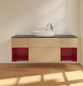 Тумба под раковину Villeroy & Boch Finion 160х50,1 см с подсветкой МДФ шпон дуба/стекло черное матовое F982HBPC