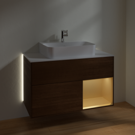 Тумба под раковину Villeroy & Boch Finion 100х50,1 см с подсветкой МДФ шпон грецкого ореха/золотисто-матовый лак/стекло белое матовое G121HFGN