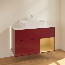 Тумба под раковину Villeroy & Boch Finion 100х50,1 см с подсветкой МДФ пион матовый лак/золотисто-матовый лак/стекло белое матовое G121HFHB