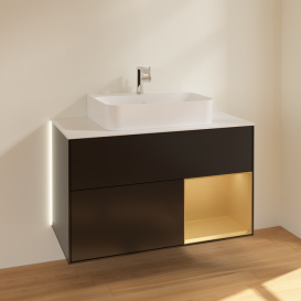 Тумба под раковину Villeroy & Boch Finion 100х50,1 см с подсветкой МДФ черный матовый лак/золотисто-матовый лак/стекло белое матовое G121HFPD