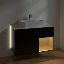 Тумба под раковину Villeroy & Boch Finion 100х50,1 см с подсветкой МДФ черный матовый лак/золотисто-матовый лак/стекло белое матовое G121HFPD