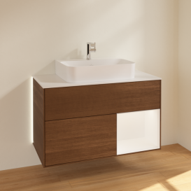 Тумба під раковину Villeroy & Boch Finion 100х50,1 см з підсвічуванням МДФ шпон волоського горіха/білий матовий лак/скло біле матове G121MTGN