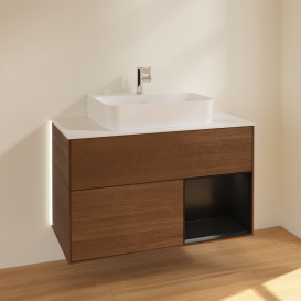 Тумба под раковину Villeroy & Boch Finion 100х50,1 см с подсветкой МДФ шпон грецкого ореха/черный матовый лак/стекло белое матовое G121PDGN