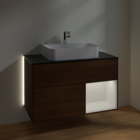 Тумба под раковину Villeroy & Boch Finion 100х50,1 см с подсветкой МДФ шпон грецкого ореха/белый глянцевый лак/стекло черное матовое G122GFGN