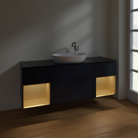 Тумба под раковину Villeroy & Boch Finion 160х50,1 см с подсветкой МДФ темно-синий матовый лак/стекло черное матовое F982HFHG